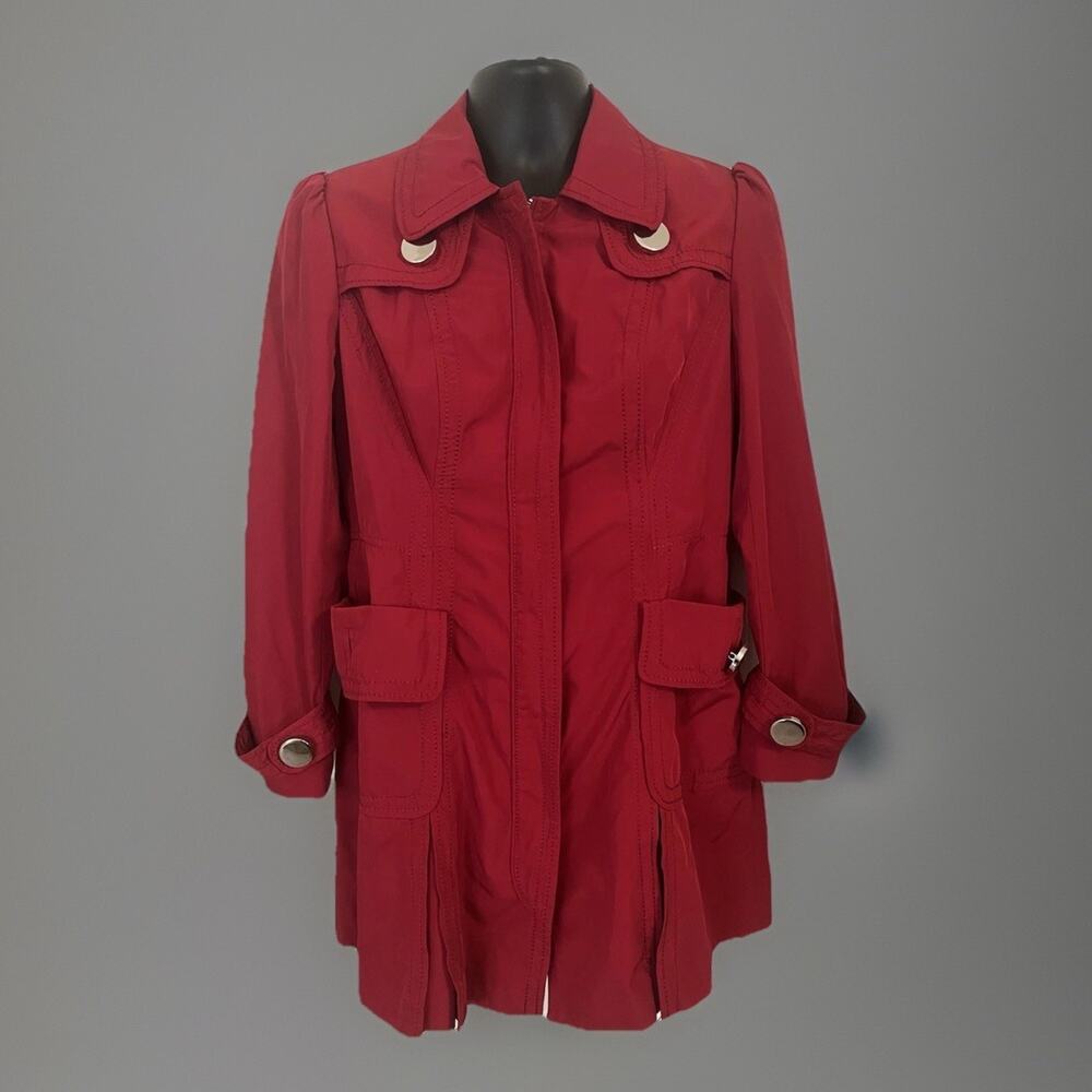 VTG 90s Nygard Collection Lipstick Red Trench Raincoat Silver Button Zip Y2K M